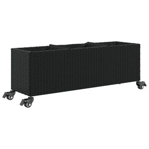 vidaXL Vrtno korito s kolesi in 3 lonci črna 107x32x38 cm poli ratan