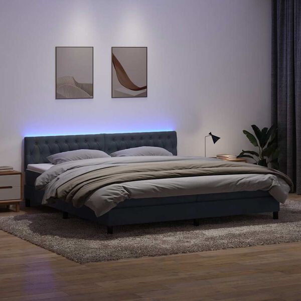 vidaXL Box spring postelja z vzmetnico LED temno siva 180x210 cm žamet