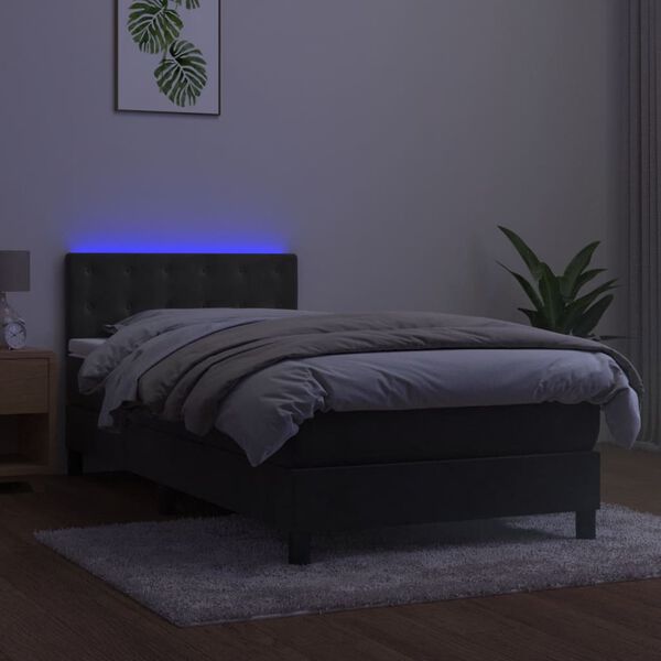 vidaXL Box spring postelja z vzmetnico LED temno siva 90x200 cm žamet