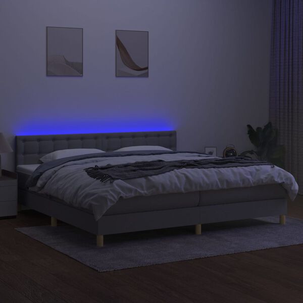vidaXL Box spring postelja z vzmetnico LED sv. siva 200x200 cm blago