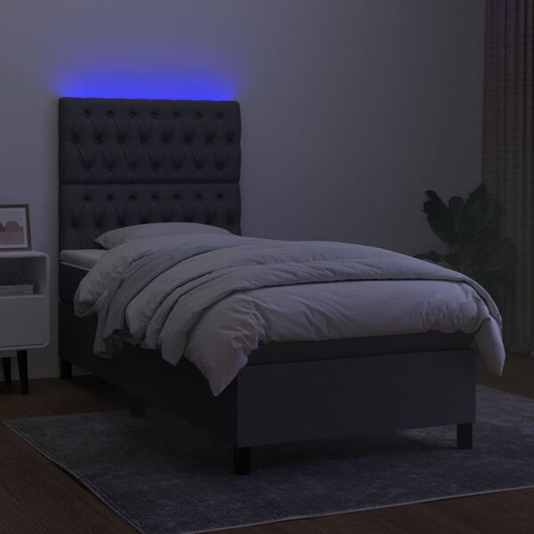 vidaXL Box spring postelja z vzmetnico LED temno siva 90x190 cm blago