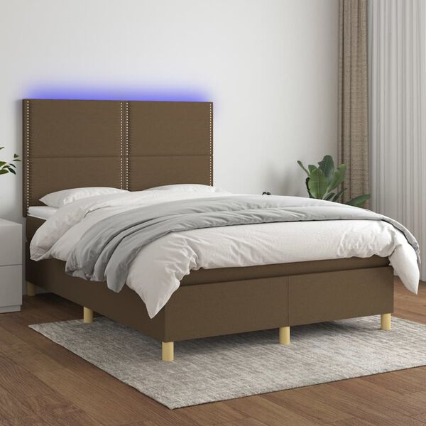 vidaXL Box spring postelja z vzmetnico LED temno rjava 140x190cm blago