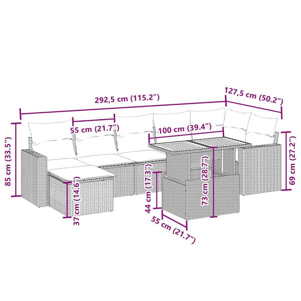 vidaXL Vrtna sedežna garnitura 8-delna z blazinami bež poli ratan