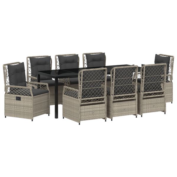 vidaXL Komplet za jedilnico v vrtu 9 pcs Svetlo siva poli ratan