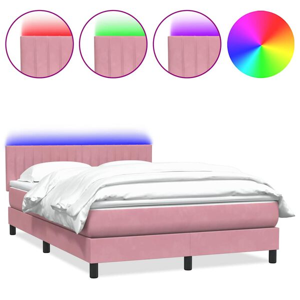 vidaXL Box spring postelja z vzmetnico LED Pink 140x220 cm Velvet