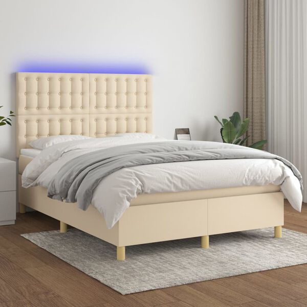 vidaXL Box spring postelja z vzmetnico LED krem 140x200 cm blago