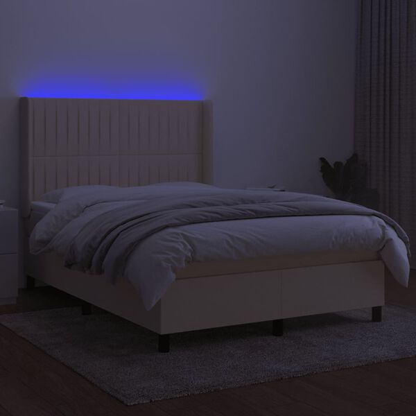 vidaXL Box spring postelja z vzmetnico LED krem 140x190 cm blago