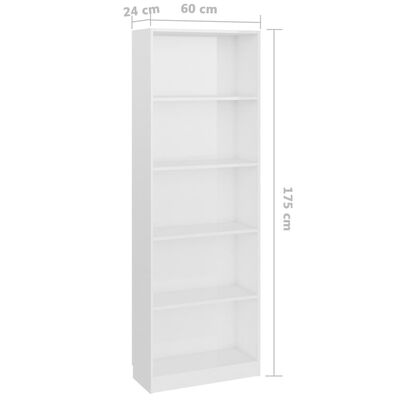 vidaXL Knjižna omara 5-nadstropna visok sijaj bela 60x24x175 cm