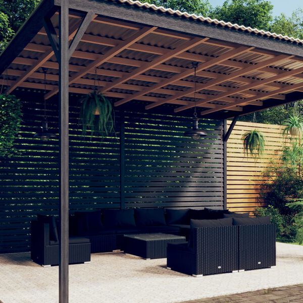 vidaXL Vrtna sedežna garnitura 10-delna z blazinami poli ratan črna