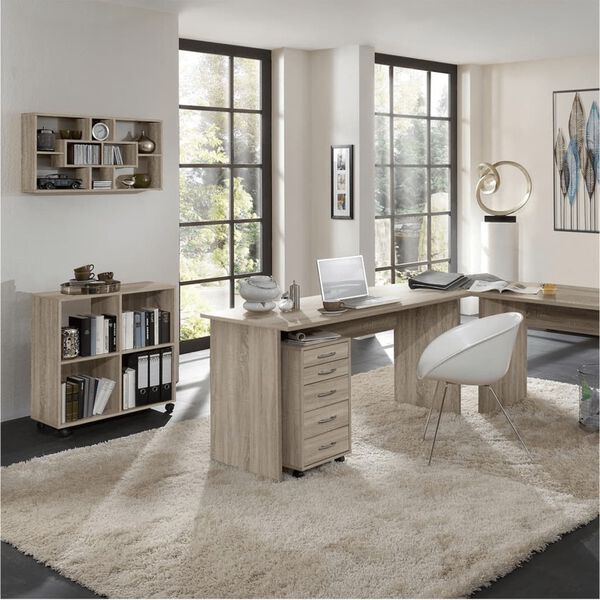 FMD Polica na vrtljivih kolesih s 4 predelki barva hrasta