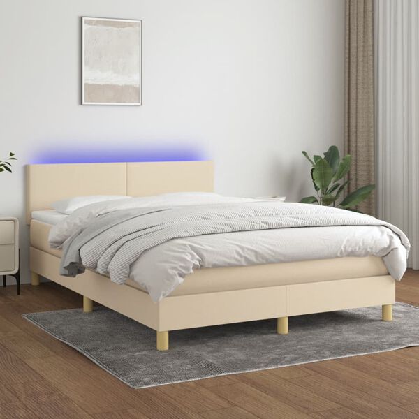 vidaXL Box spring postelja z vzmetnico LED krem 140x190 cm blago