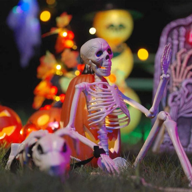Bel komplet okostnjakov za Halloween, razstavljen na prostem