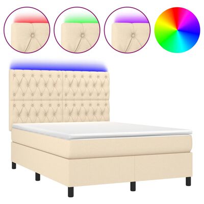 vidaXL Box spring postelja z vzmetnico LED krem 140x200 cm blago
