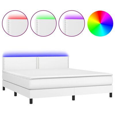 vidaXL Box spring postelja z vzmetnico LED bela 180x200cm umetno usnje
