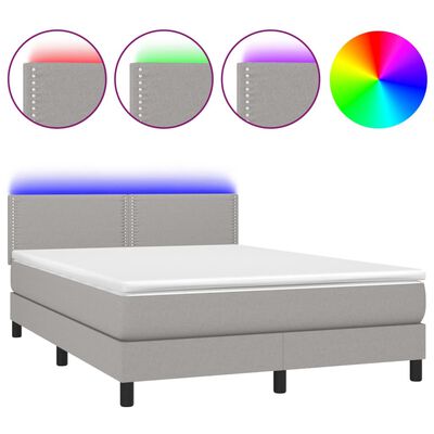 vidaXL Box spring postelja z vzmetnico LED sv. siva 140x200 cm blago
