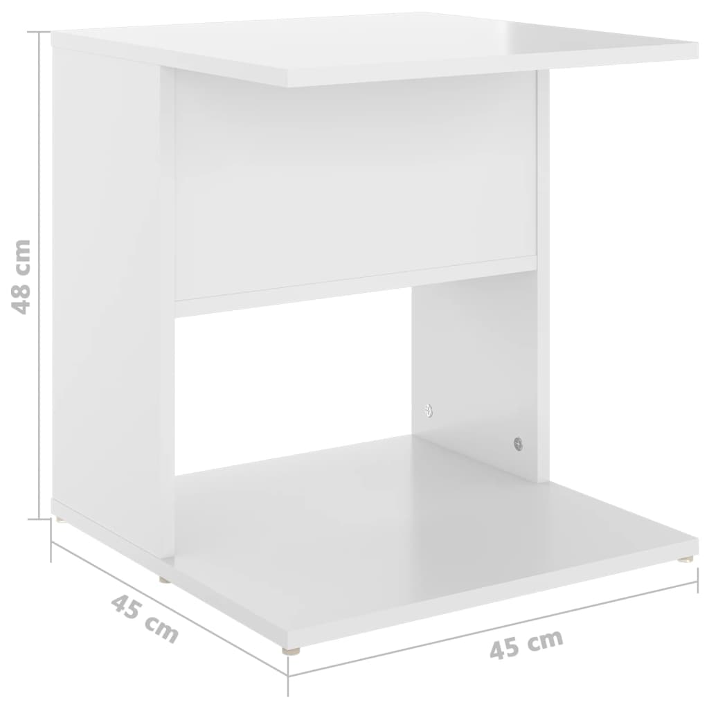vidaXL Stranska mizica visok sijaj bela 45x45x48 cm iverna plošča