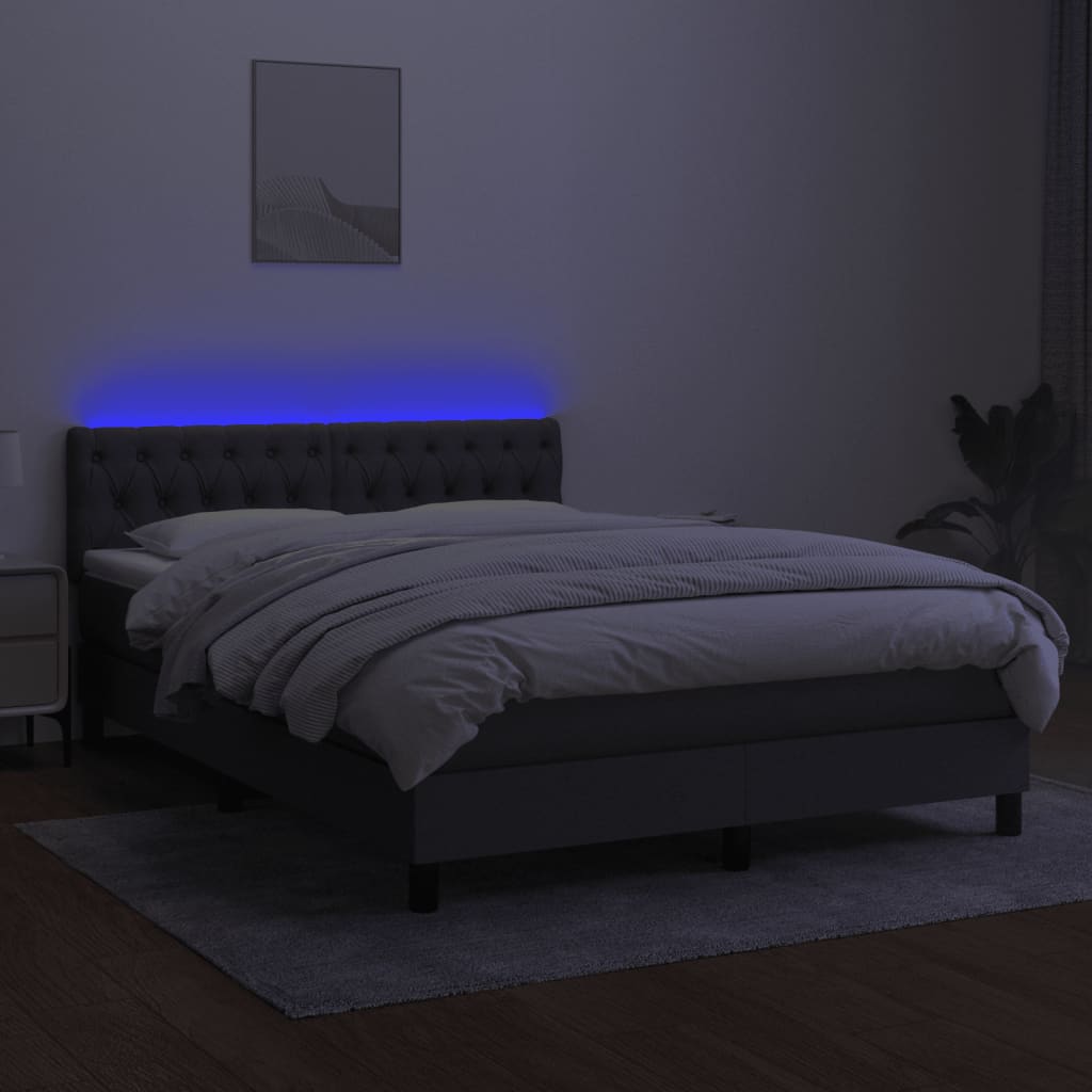 vidaXL Box spring postelja z vzmetnico LED temno siva 140x200 cm blago
