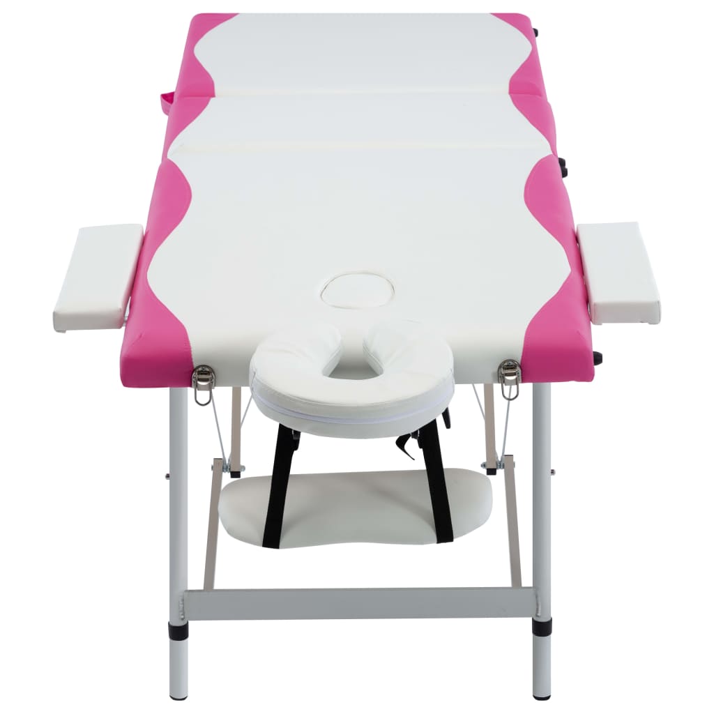 vidaXL 3-conska zložljiva masažna miza aluminij bela in roza