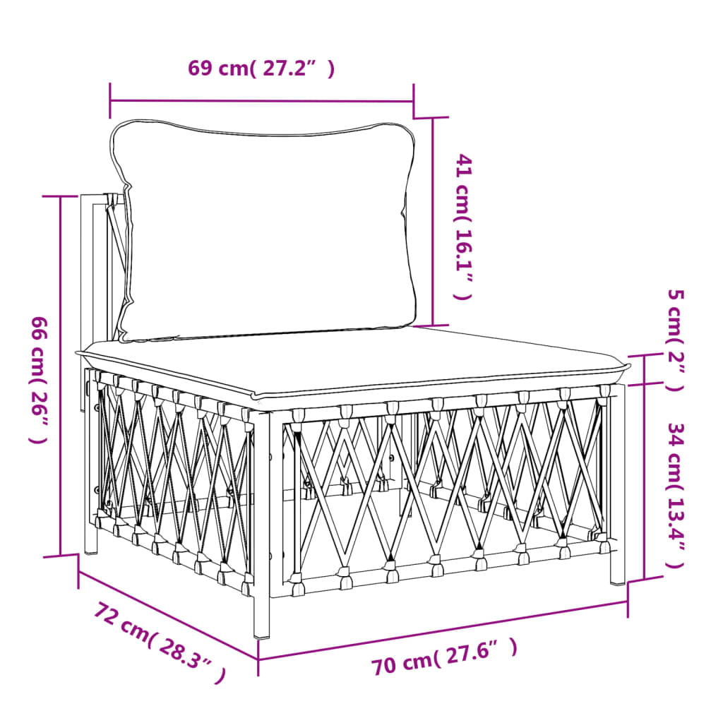 vidaXL Vrtni sredinski kavč s blazinami bela tkanina