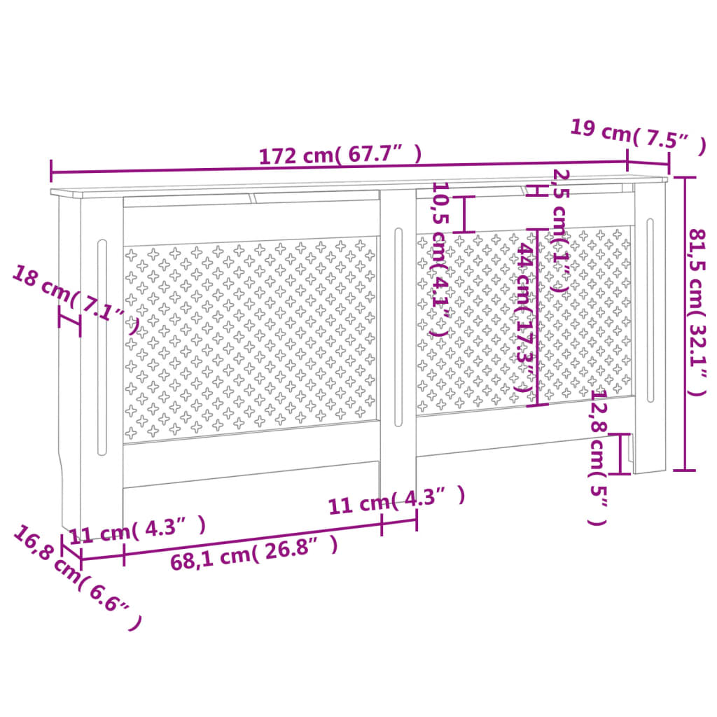 vidaXL Pokrov za radiator bel 172x19x81,5 cm MDF