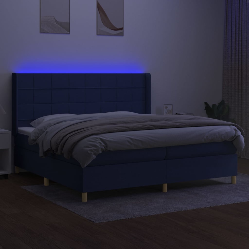 vidaXL Box spring postelja z vzmetnico LED modra 200x200 cm blago