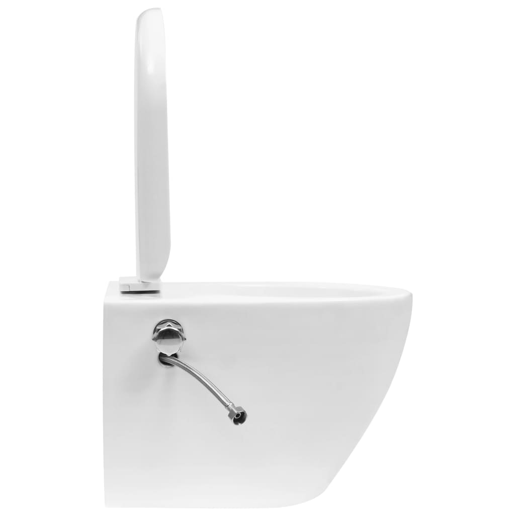 vidaXL Viseča WC školjka brez roba z vgradnim kotličkom keramična bela