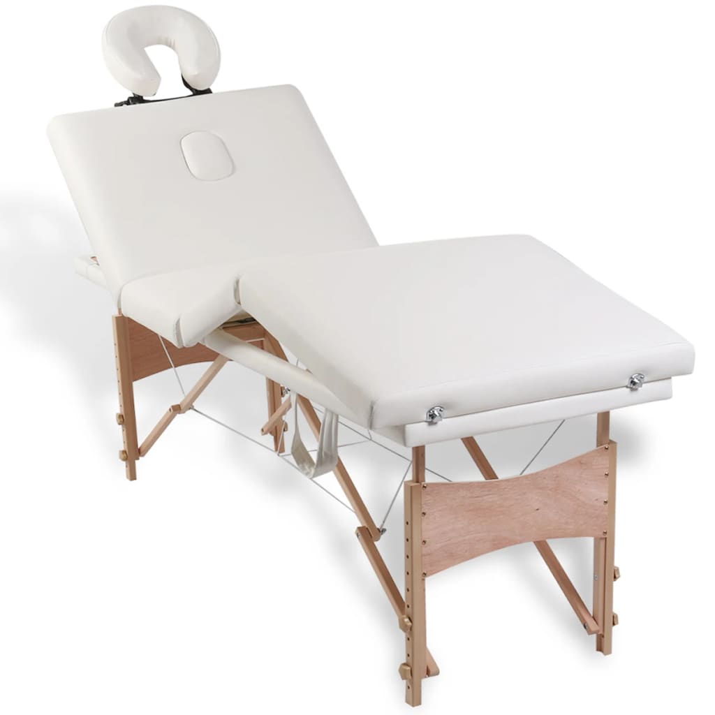 vidaXL Zložljiva masažna miza 4 cone z lesenim okvirjem kremno bela