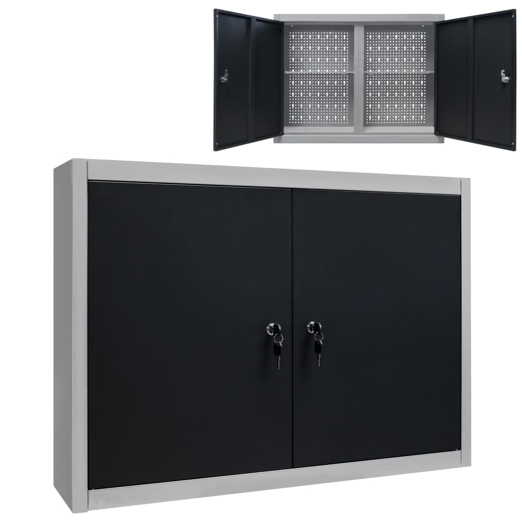 vidaXL Stenska omara za orodje industrijski stil kovinska siva in črna