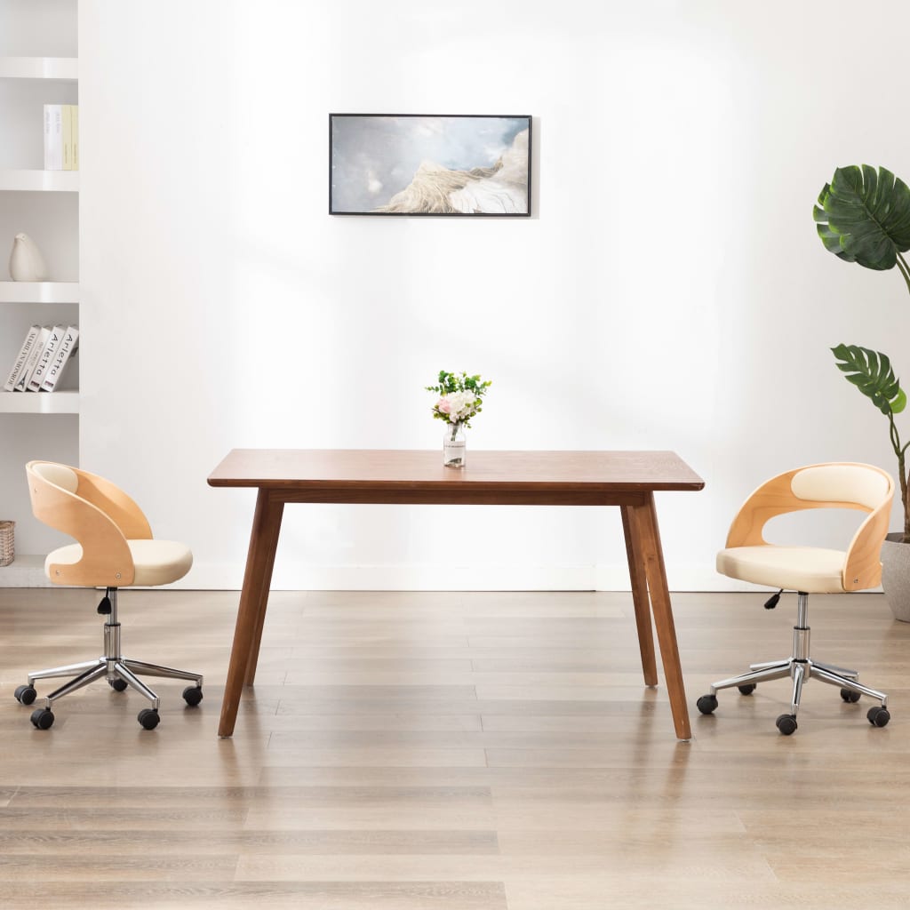 vidaXL Vrtljiv pisarniški stol krem ukrivljen les in umetno usnje