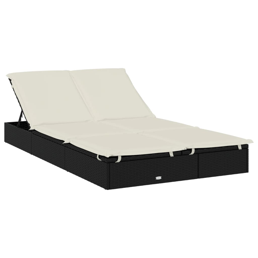 vidaXL Vrtna postelja za 2 osebi z blazinami črn poli ratan