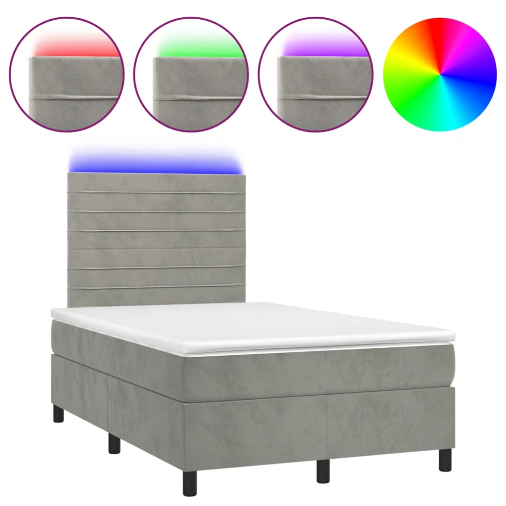 vidaXL Box spring postelja z vzmetnico LED svetlo siva 120x200cm žamet