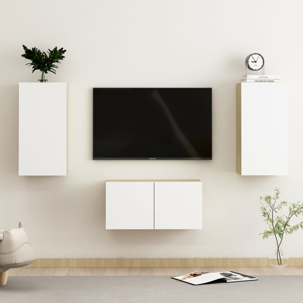 vidaXL Komplet TV omaric 3-delni bel in sonoma hrast iverna plošča