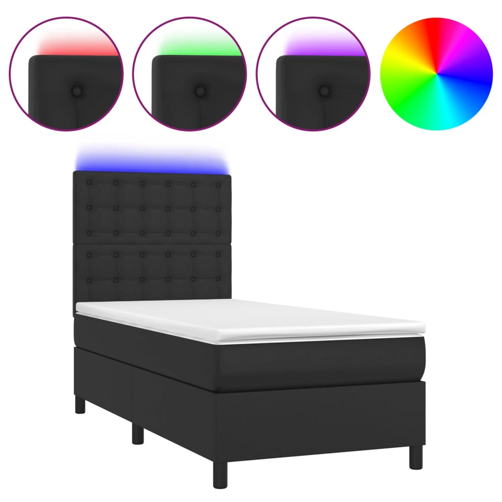 vidaXL Box spring postelja z vzmetnico LED črn 90x190 cm umetno usnje