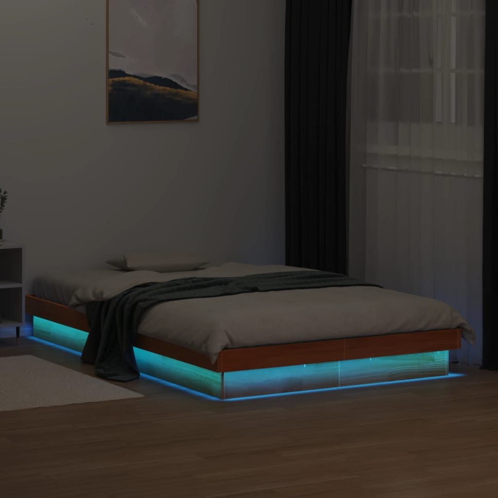 vidaXL LED posteljni okvir voščeno rjav 120x190 cm trdna borovina