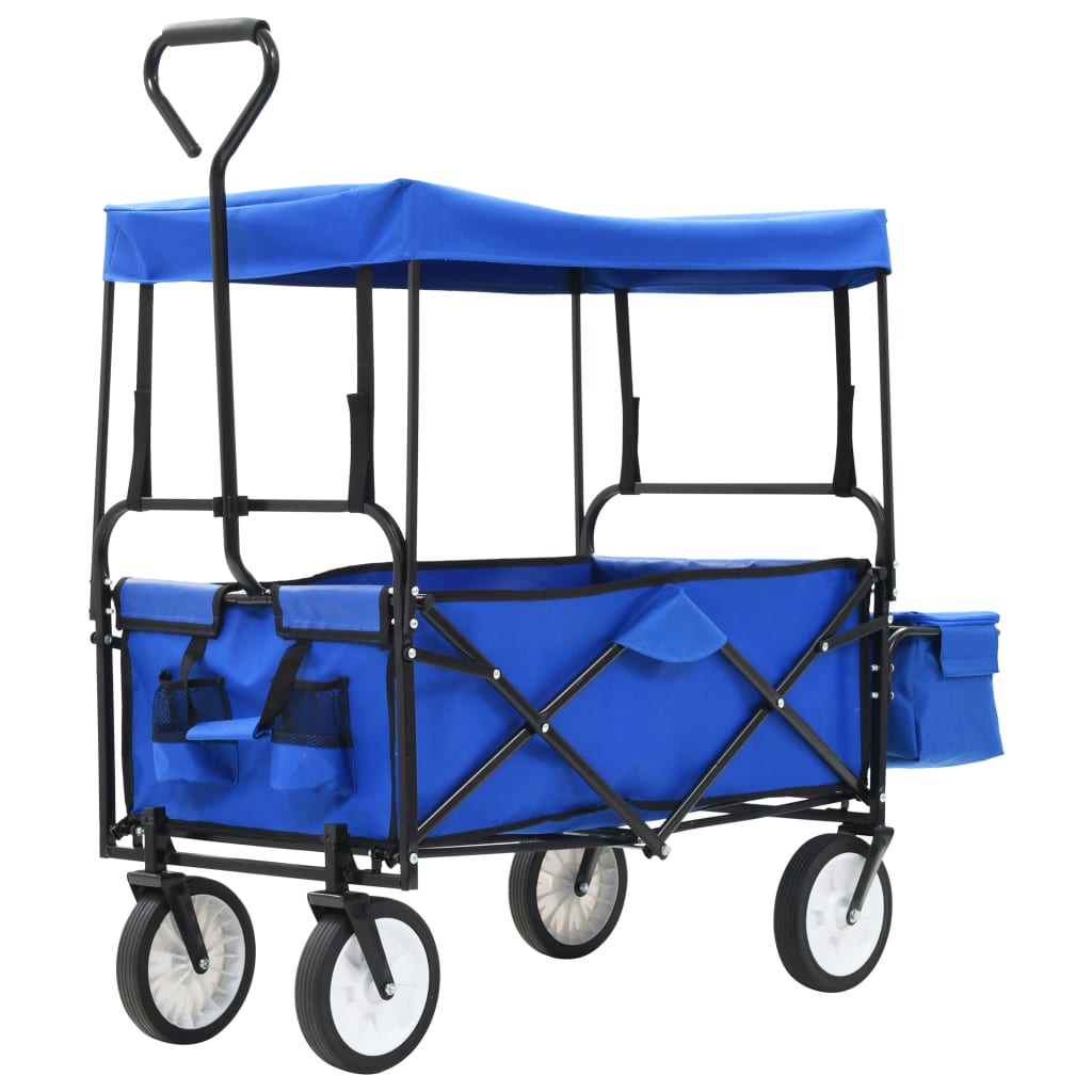 vidaXL Zložljiv ročni voziček s streho jeklen moder