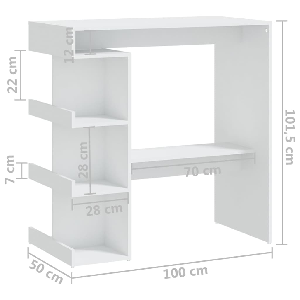 vidaXL Barska miza s policami bela 100x50x101,5 cm iverna plošča