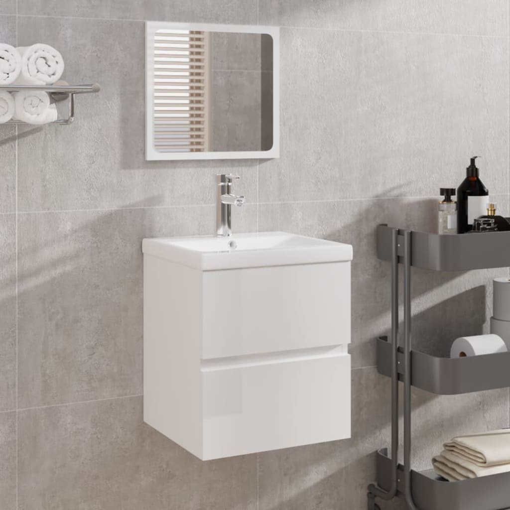 vidaXL Kopalniška omarica z umivalnikom in ogledalom visok sijaj bela