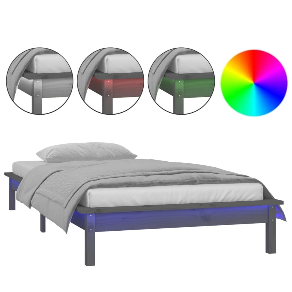 vidaXL LED posteljni okvir siv 90x190 cm trden les