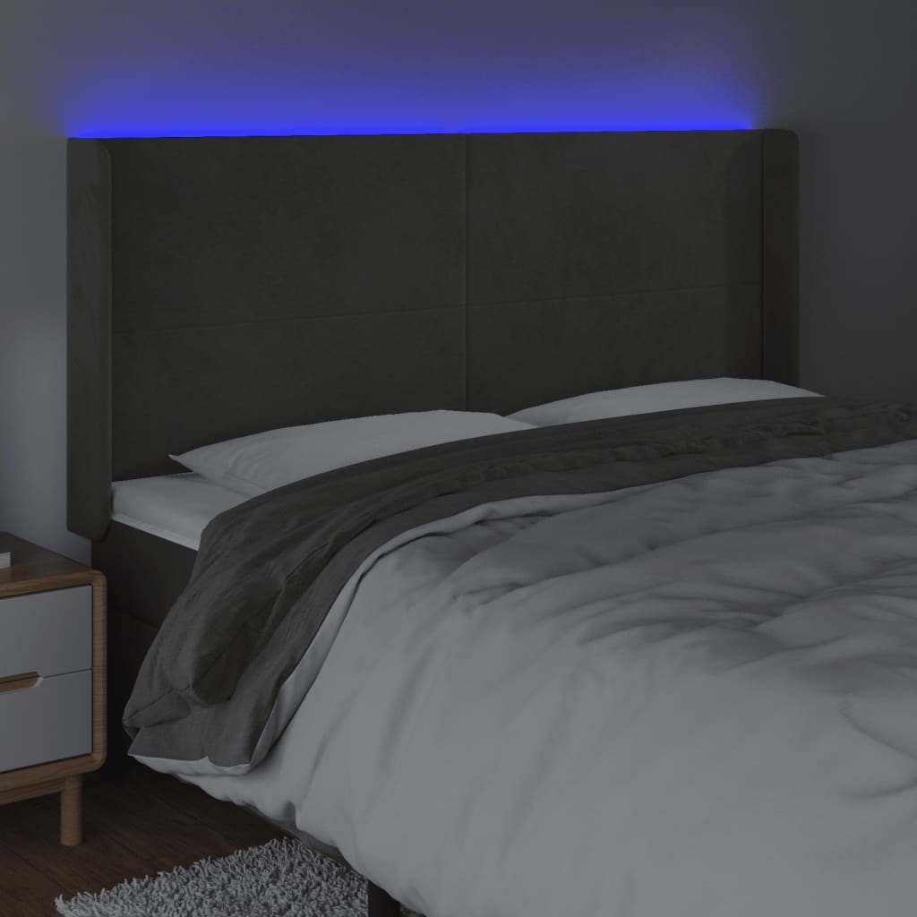 vidaXL LED posteljno vzglavje temno sivo 163x16x118/128 cm žamet