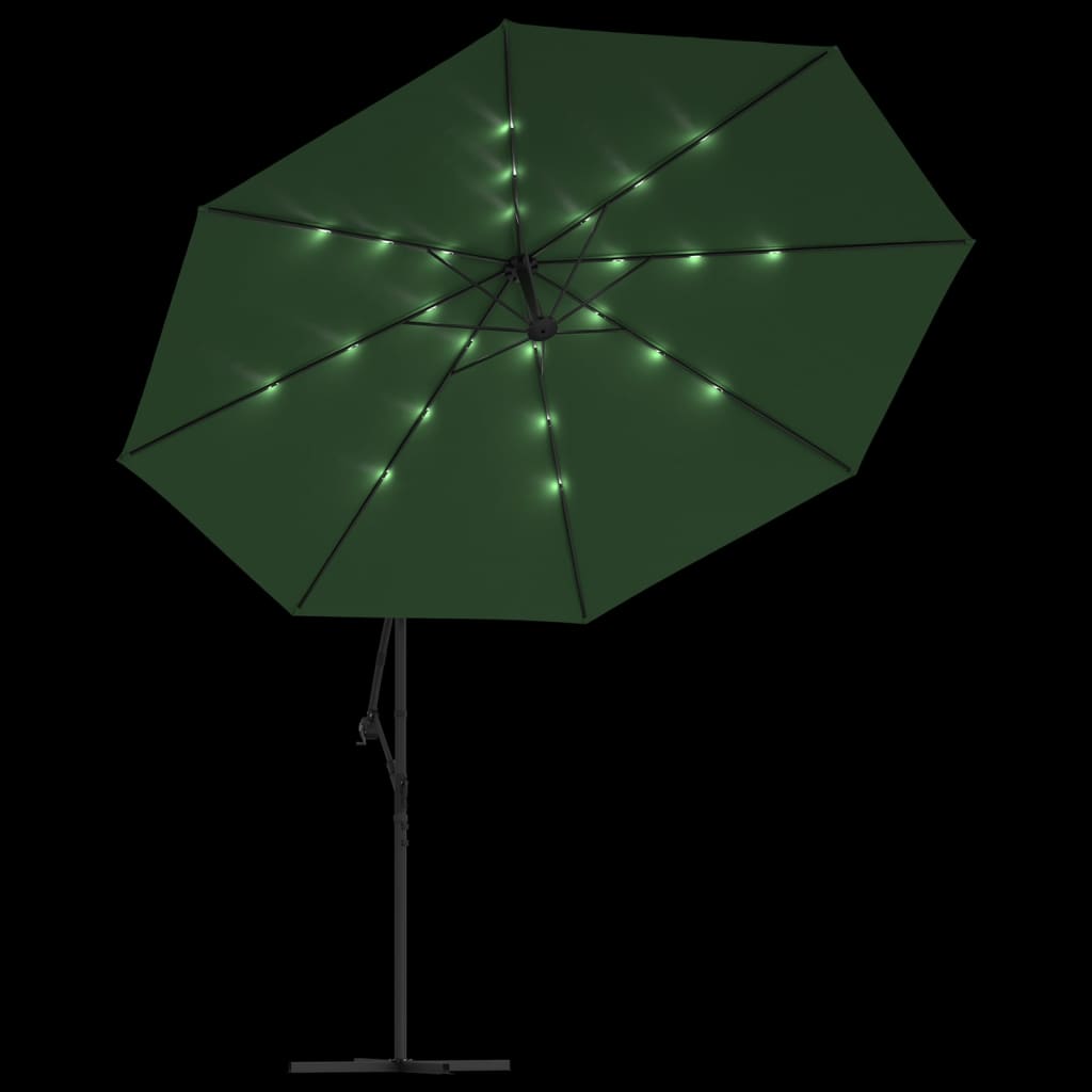 vidaXL Previsni senčnik z LED lučmi in kovinskim drogom 350 cm zelen