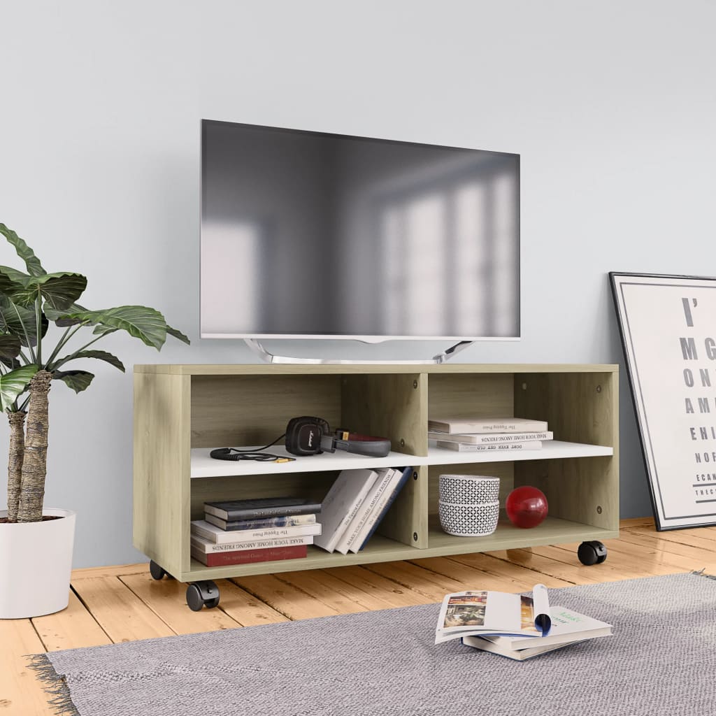 vidaXL TV omarica s kolesci bela in sonoma hrast 90x35x35 cm
