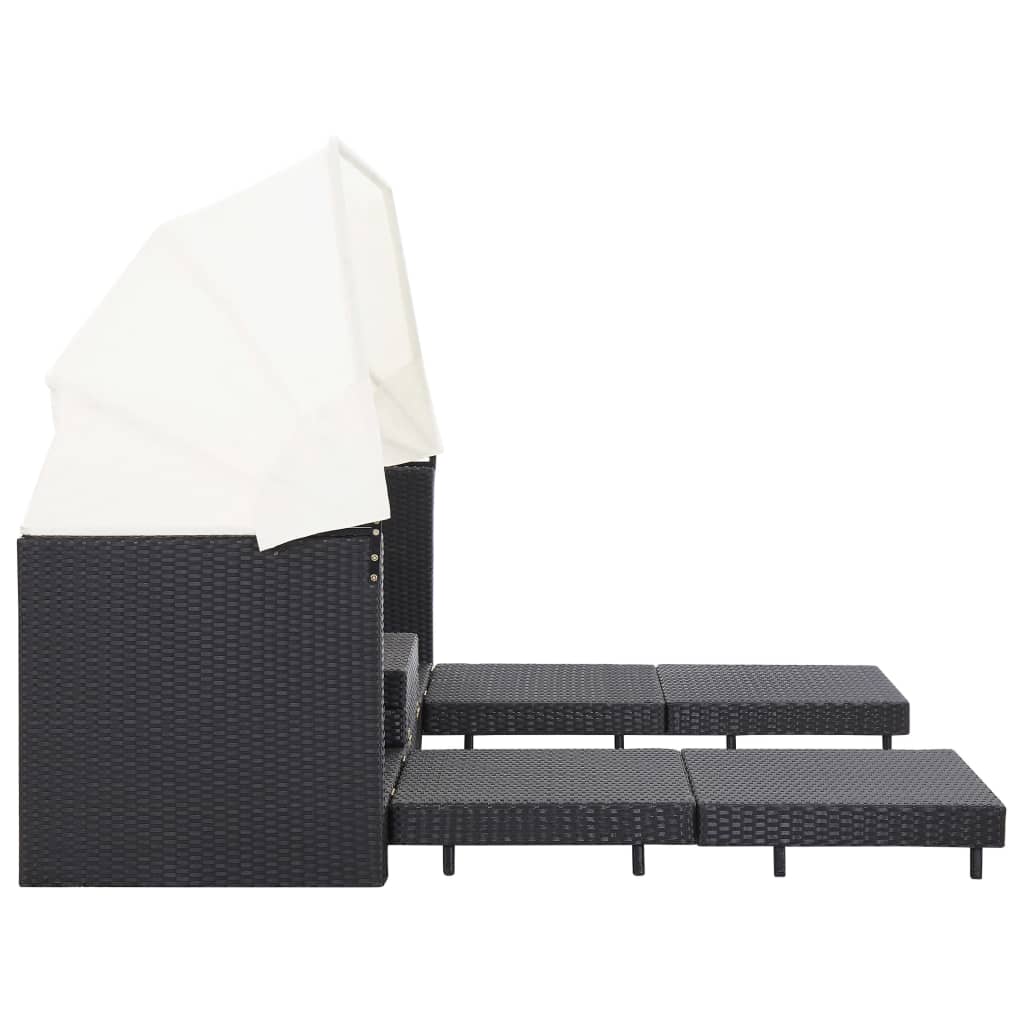 vidaXL Raztegljiv kavč trosed z ležiščem in streho poli ratan črn