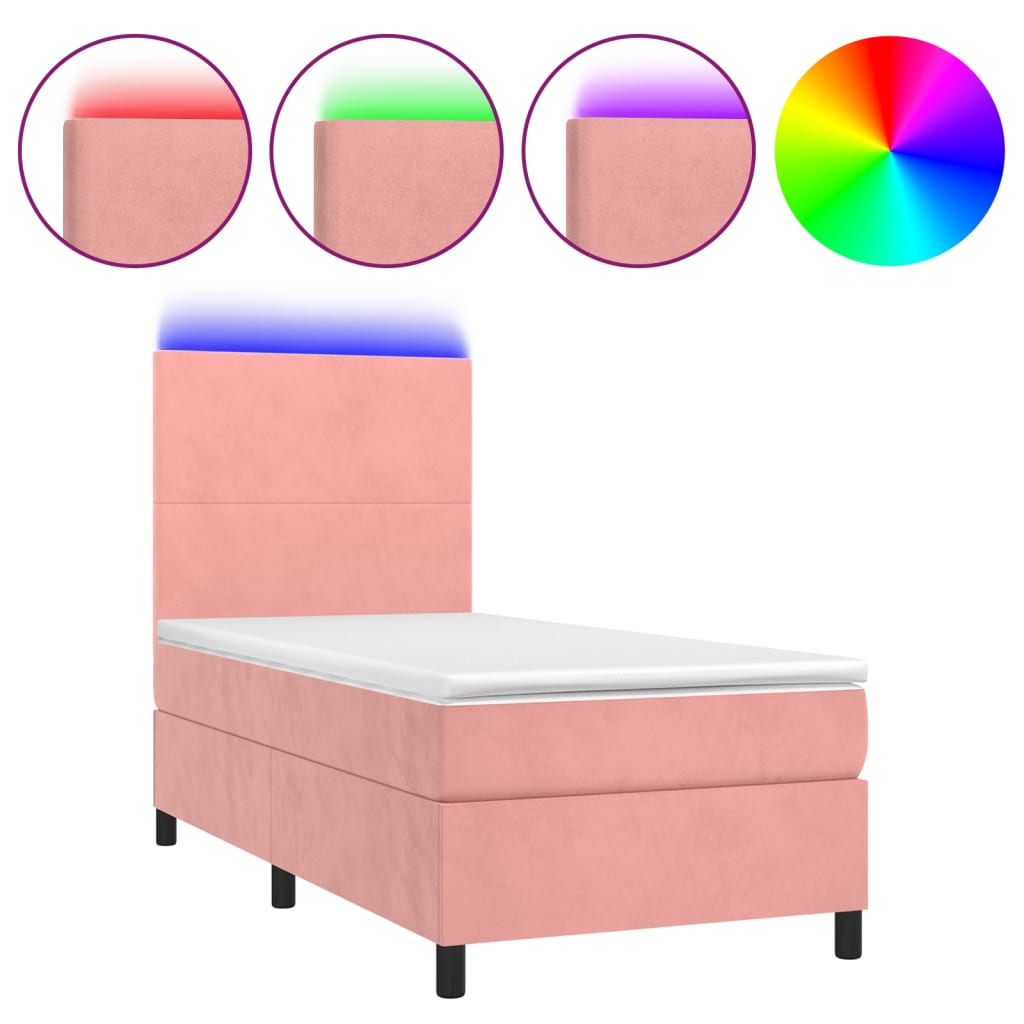 vidaXL Box spring postelja z vzmetnico LED roza 100x200 cm žamet