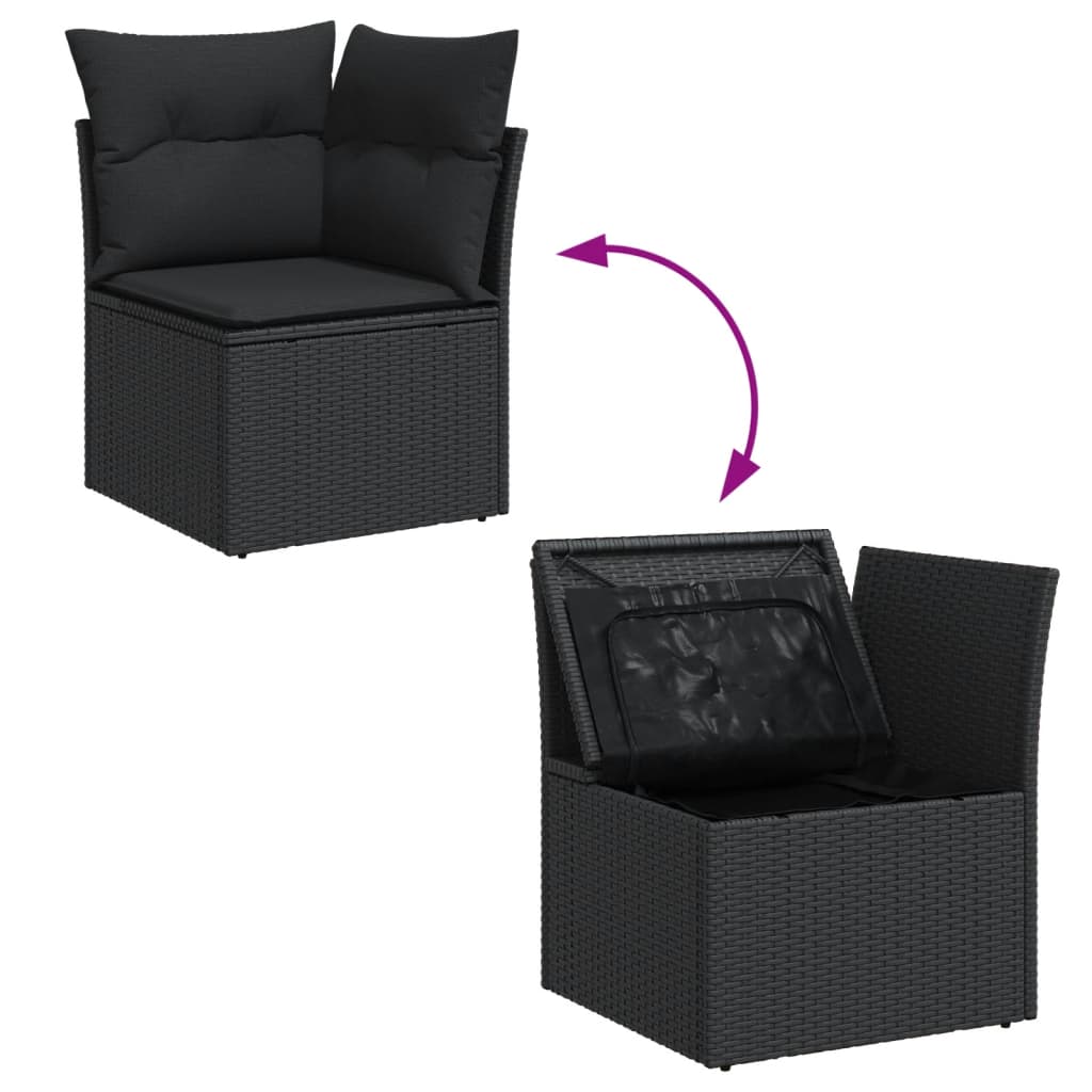 vidaXL Vrtni kotni kavč z blazinami črn poli ratan