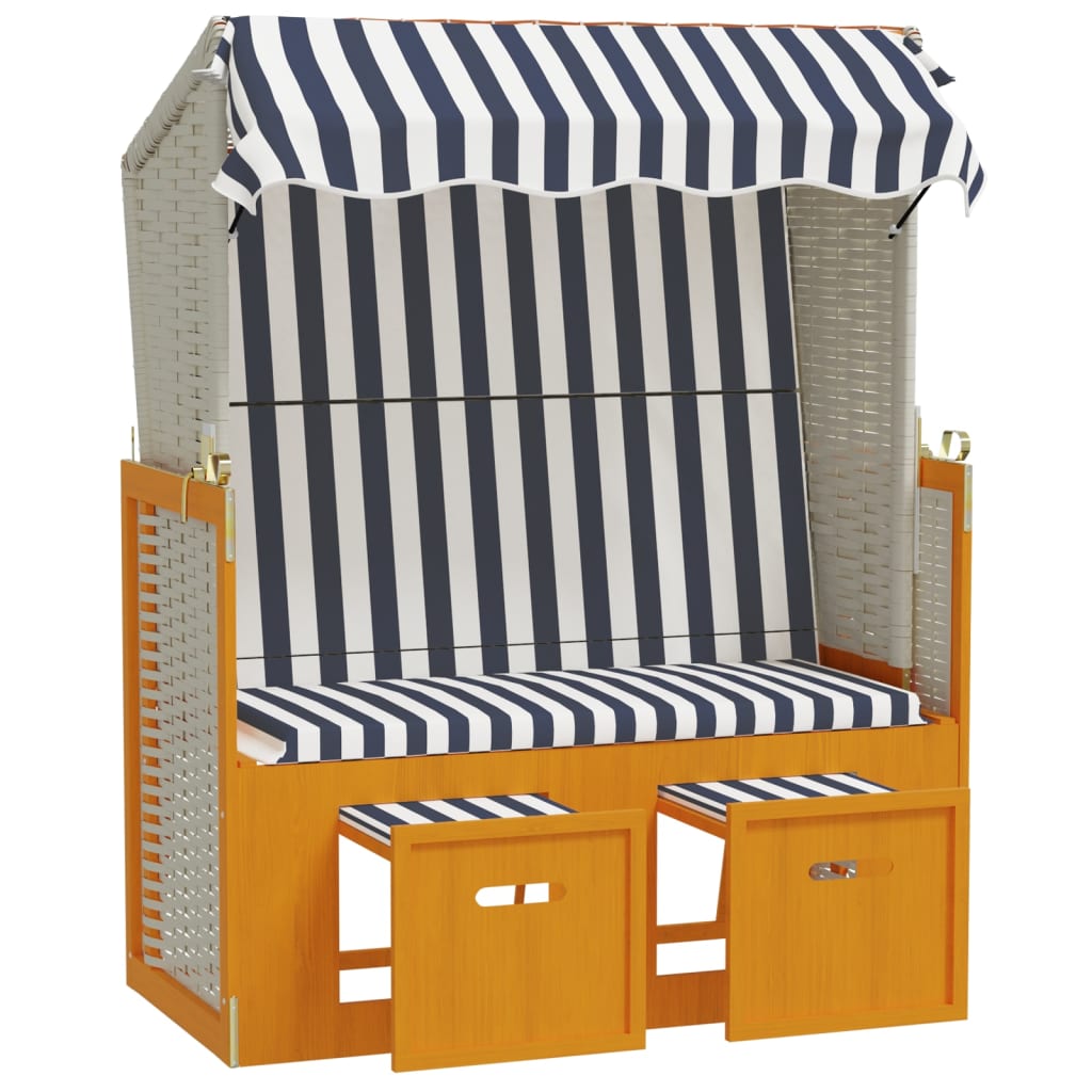 vidaXL Stol za na plažo s streho poli ratan in trden les bel in moder