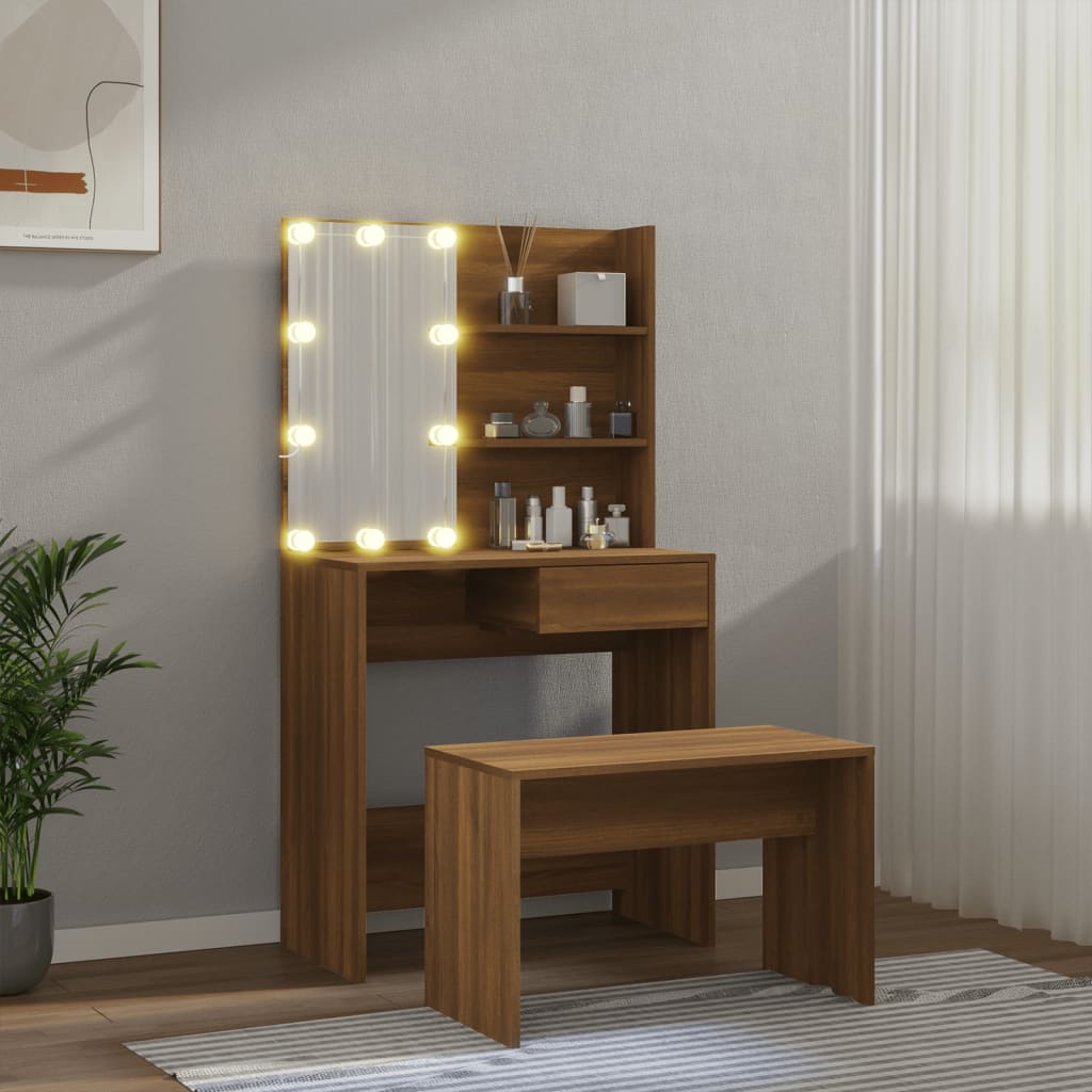 vidaXL Komplet toaletnih mizic z LED lučkami rjavi hrast konstr. les