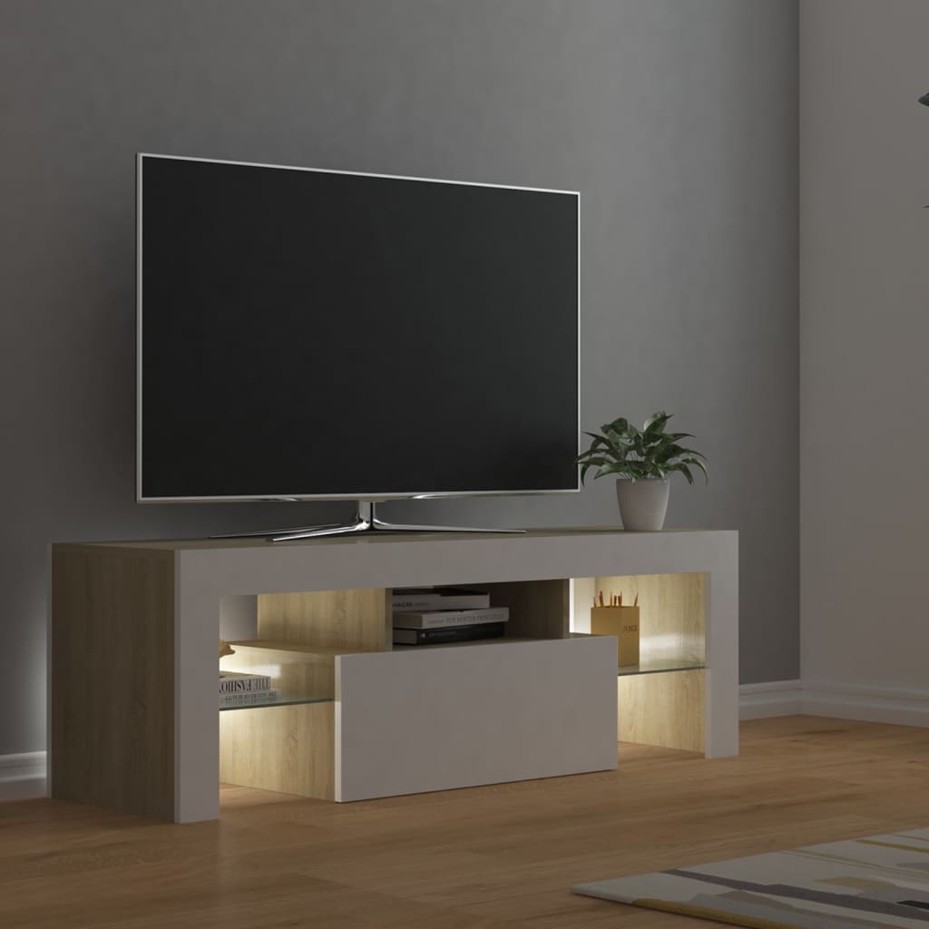 vidaXL TV omarica z LED lučkami bela in sonoma hrast 120x35x40 cm