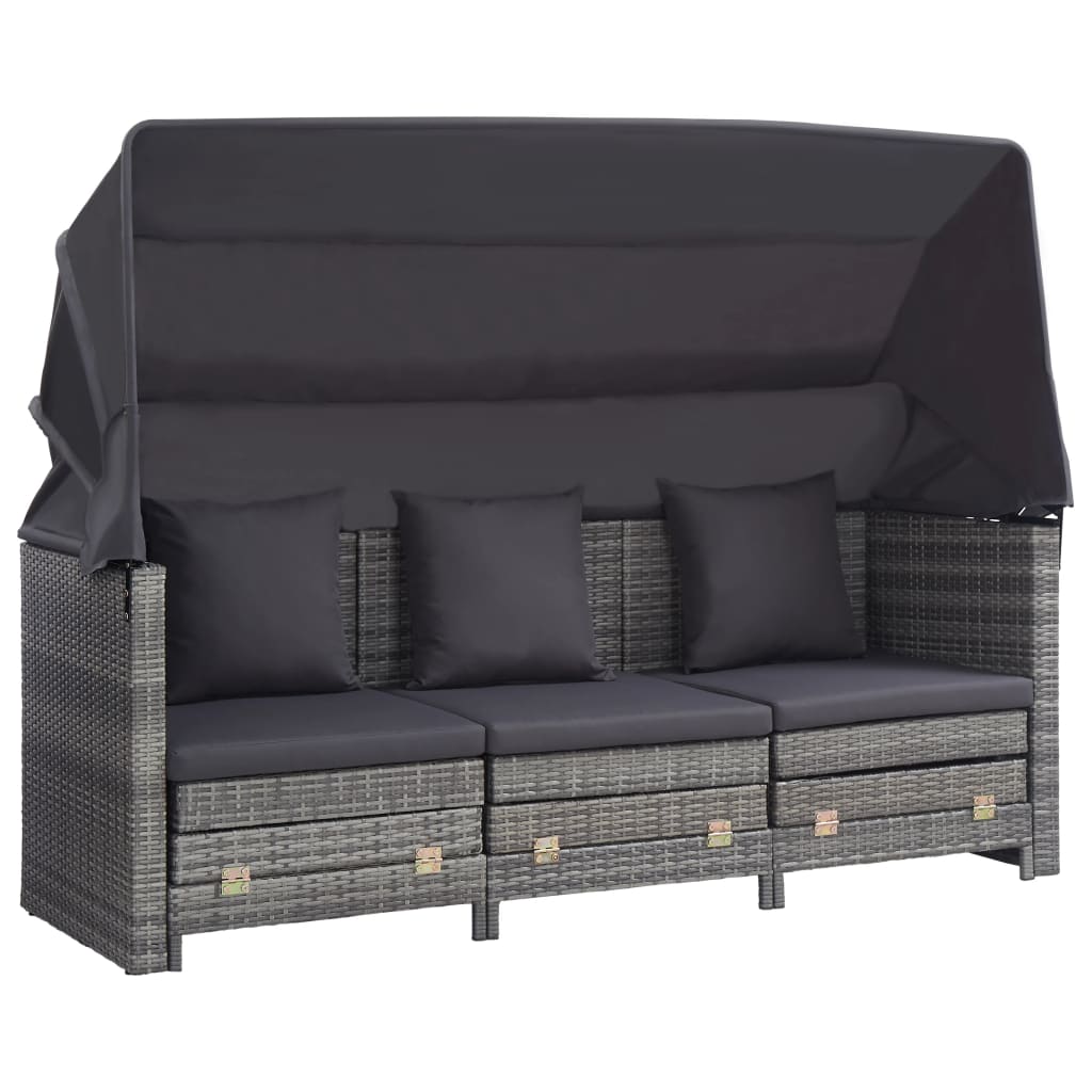 vidaXL Raztegljiv kavč trosed z ležiščem in streho poli ratan siv