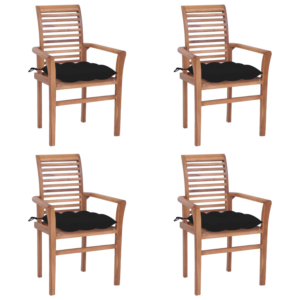 vidaXL Jedilni stoli 4 kosi s črnimi blazinami trdna tikovina