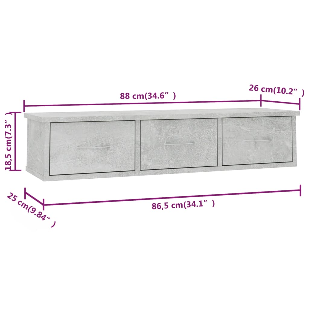 vidaXL Stenska polica s predali betonsko siva 88x26x18,5 cm